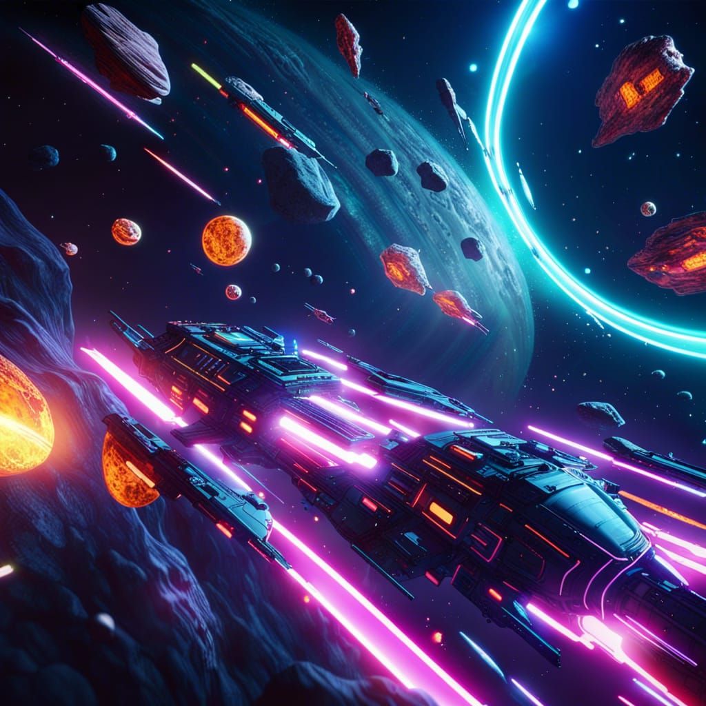 Neon Starship Race Through Asteroid Belt