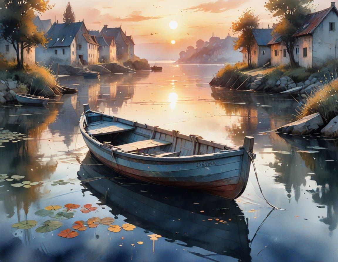 Sunset Rowboat: Whimsical Watercolor Fairy Tale