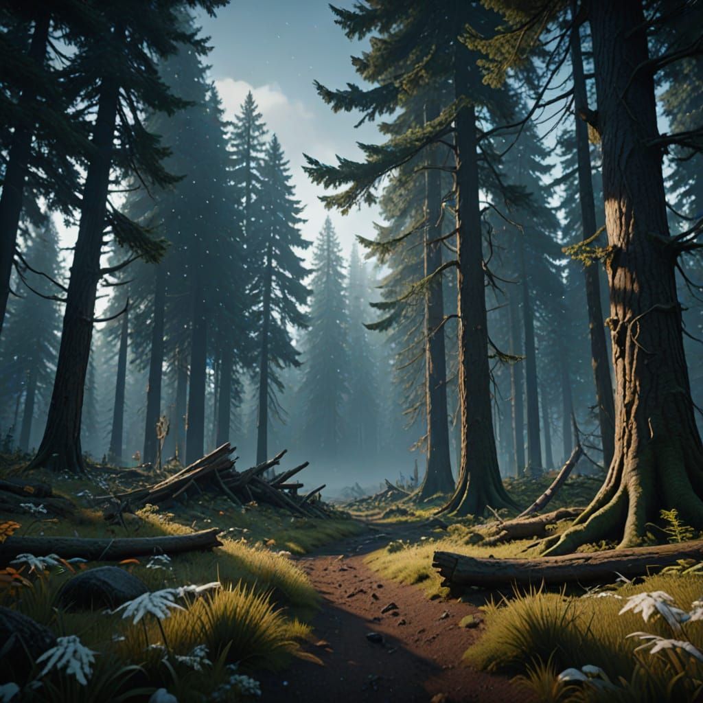 Whimsical Oregon Forest Snowscape in Fantasy Style