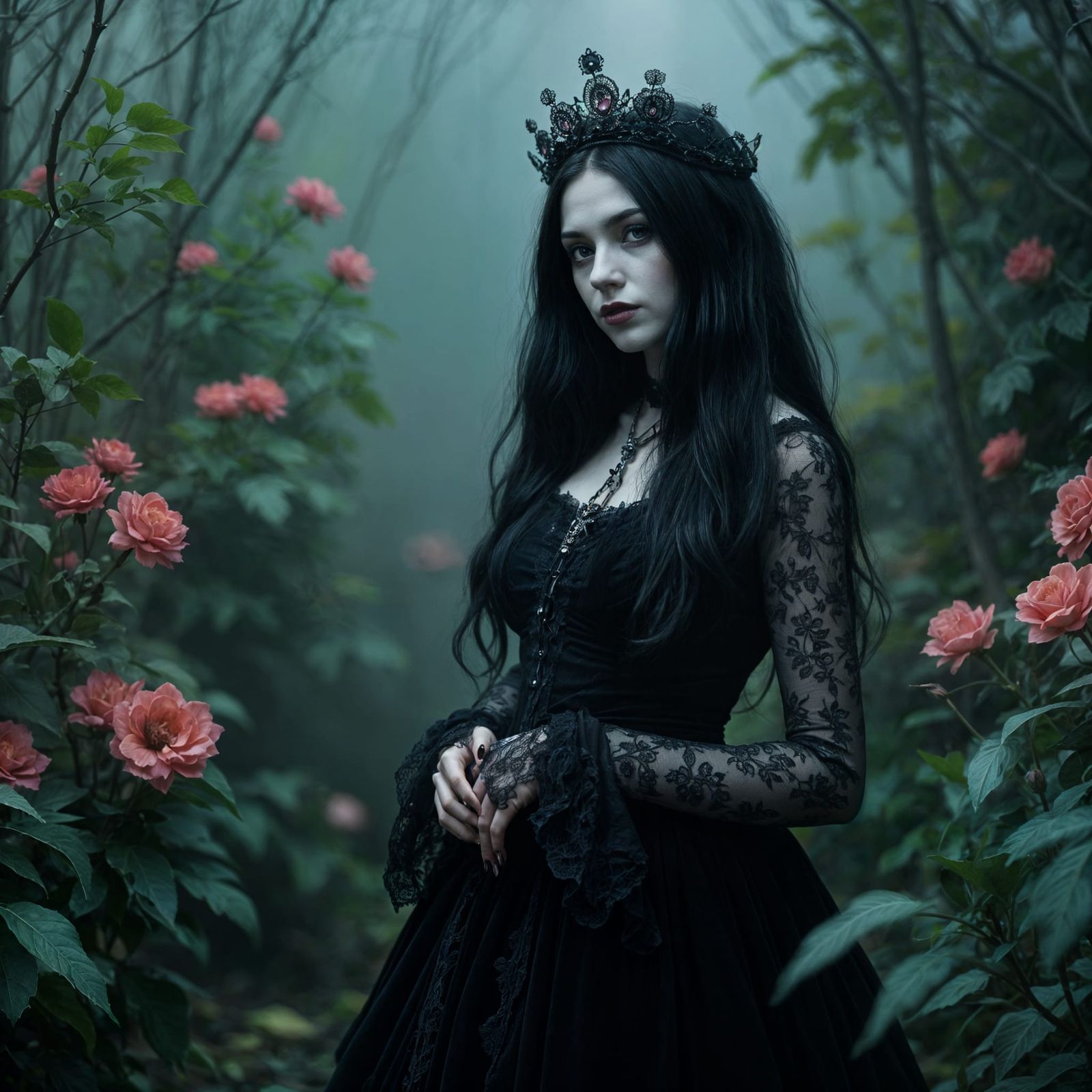 Gothic Woman in Overgrown Garden at Twilight