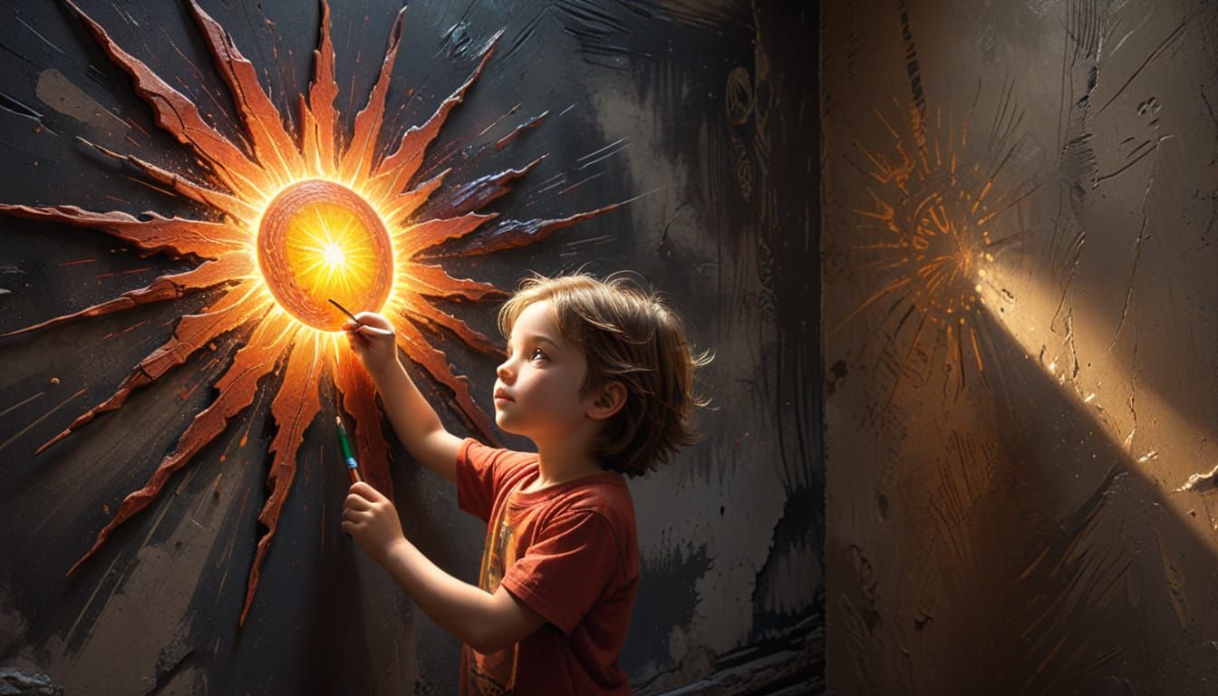 Child Draws Glowing Sun on Dark Wall