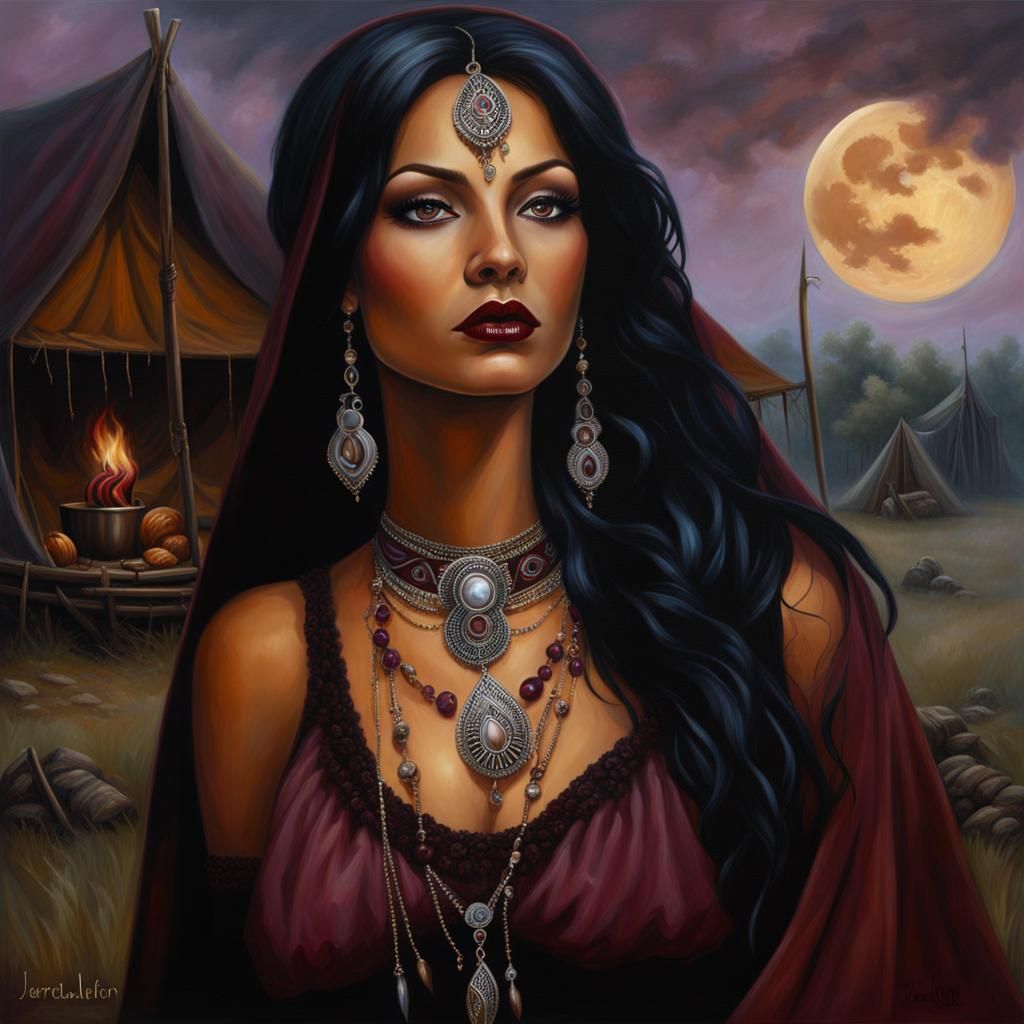 Eerie Gypsy Character in Dark Fantasy Oil Painting