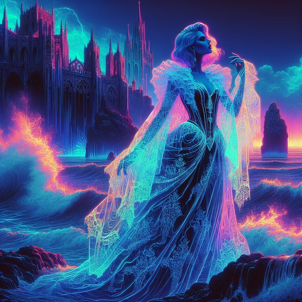 Vaporwave Vampire Goddess on the Gothic Coast