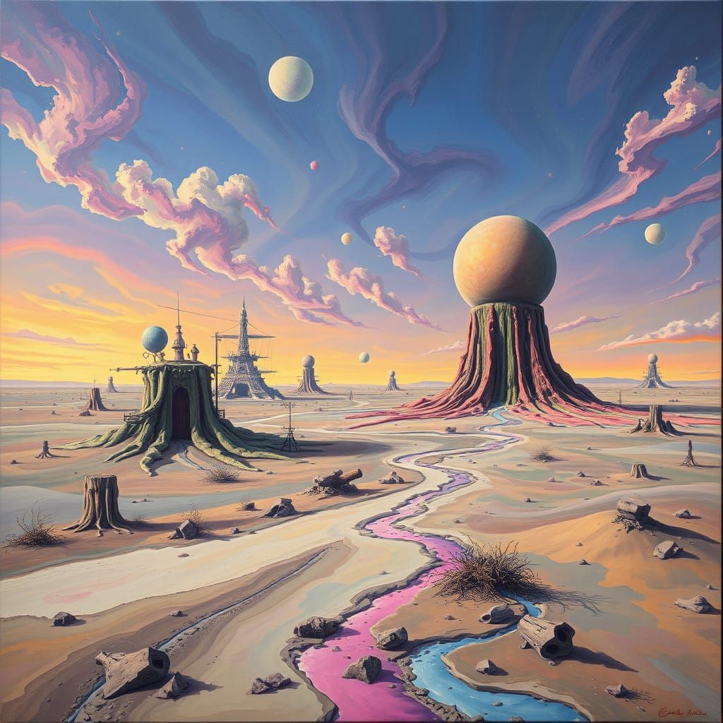 Surreal Dreamscape with Melting Structures in Oil Paint