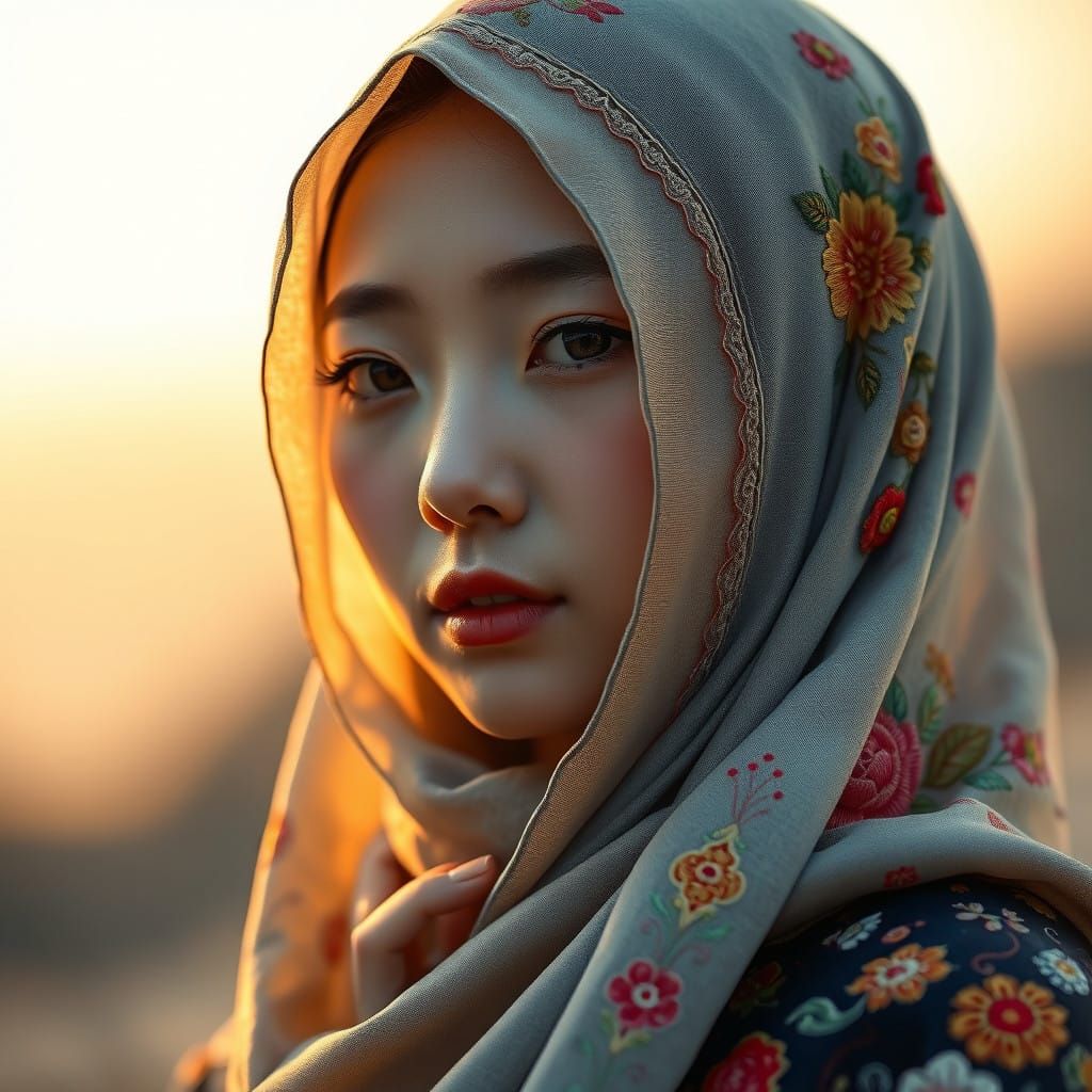 A Close up Portrait of Beautiful Young Hijab Korean Woman
