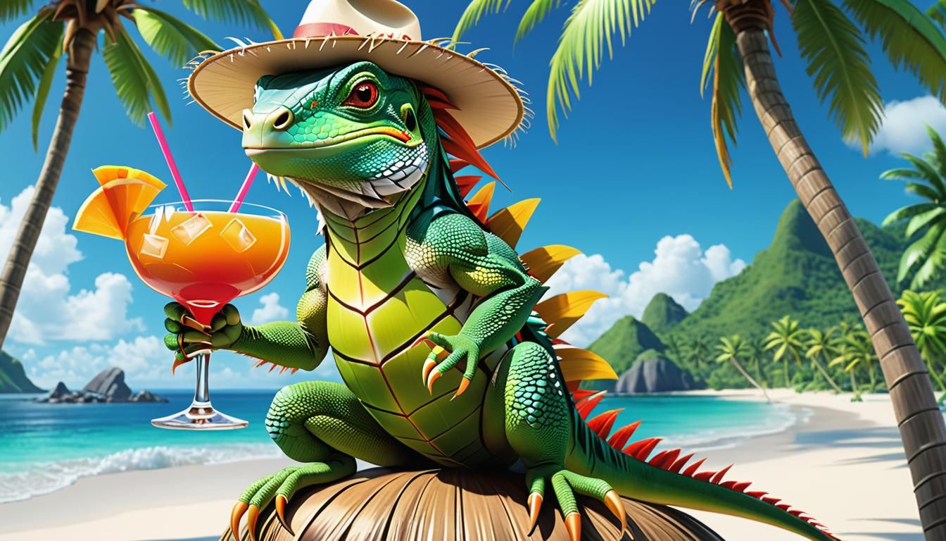 Cartoon Iguana's Tropical Beach Vacation in 3D Anime Art