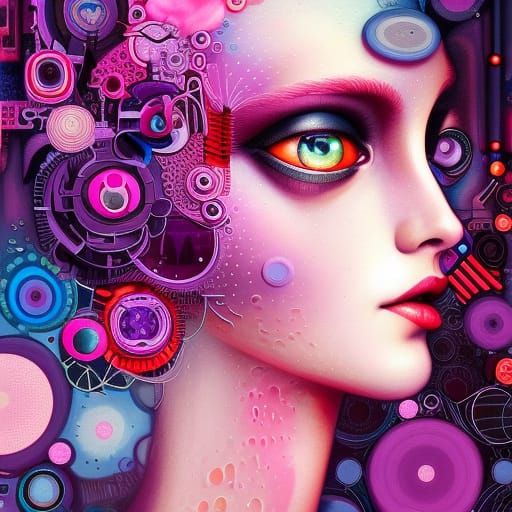 Woman Surrounded by Technology in Surreal Art Style