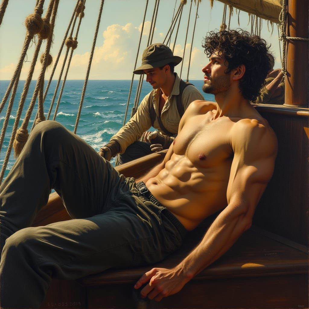 Sailor Reclining in Dappled Sunlight, Realistic Oil Painting