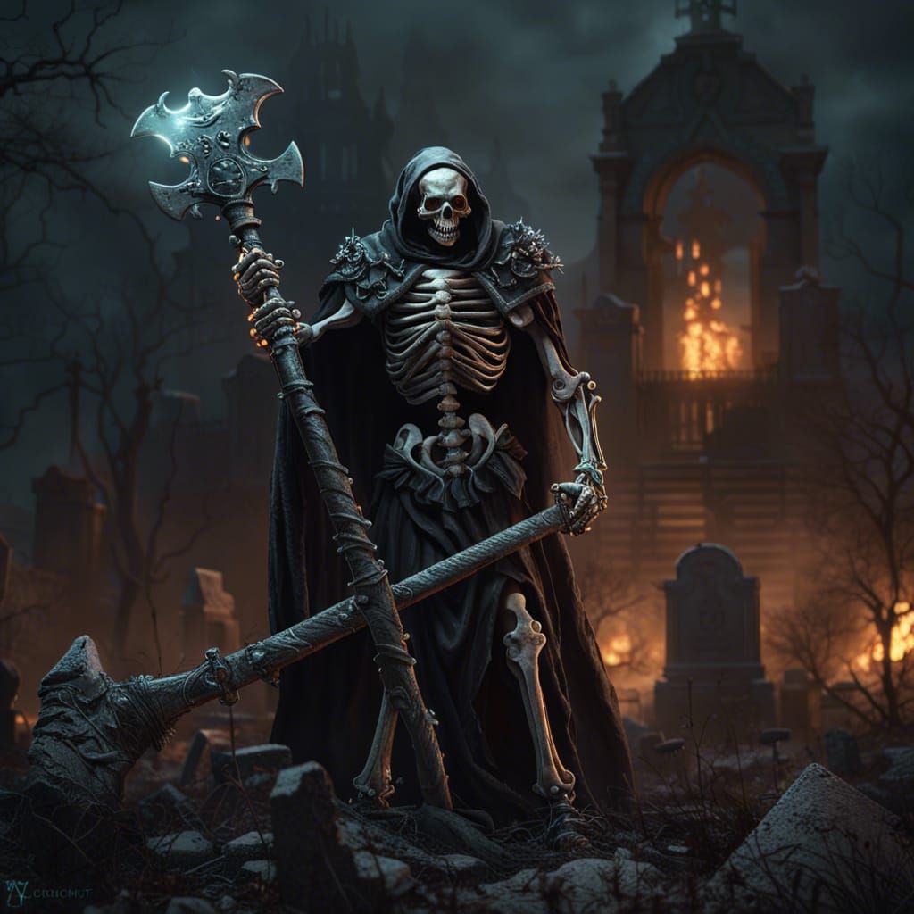 Menacing Skeleton Guardian in Scorched Cemetery: Dark Fantas...
