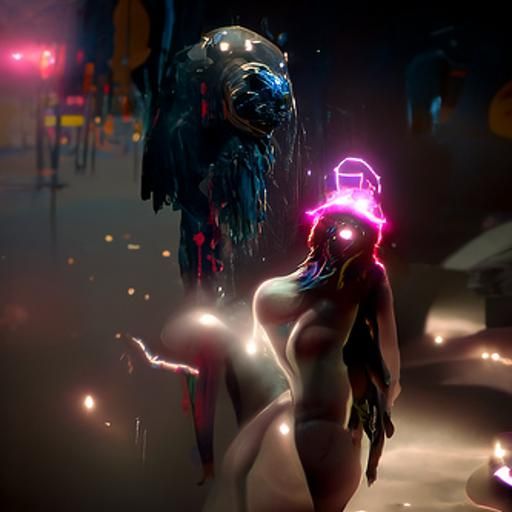 Anthropomorphic Monster Chasing Figure in Cyberpunk Style