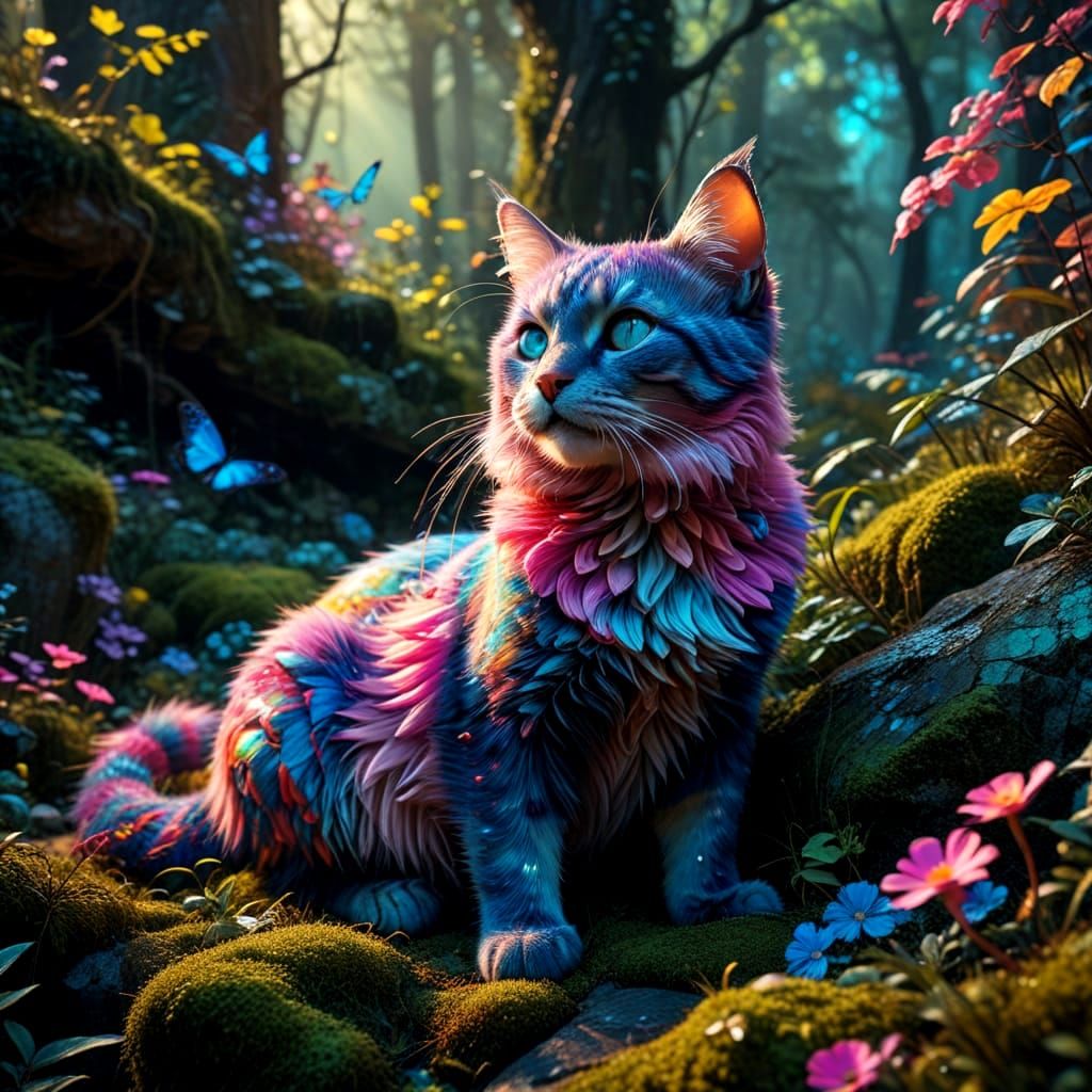 Whimsical Cat in Enchanted Forest, Pop Art Style