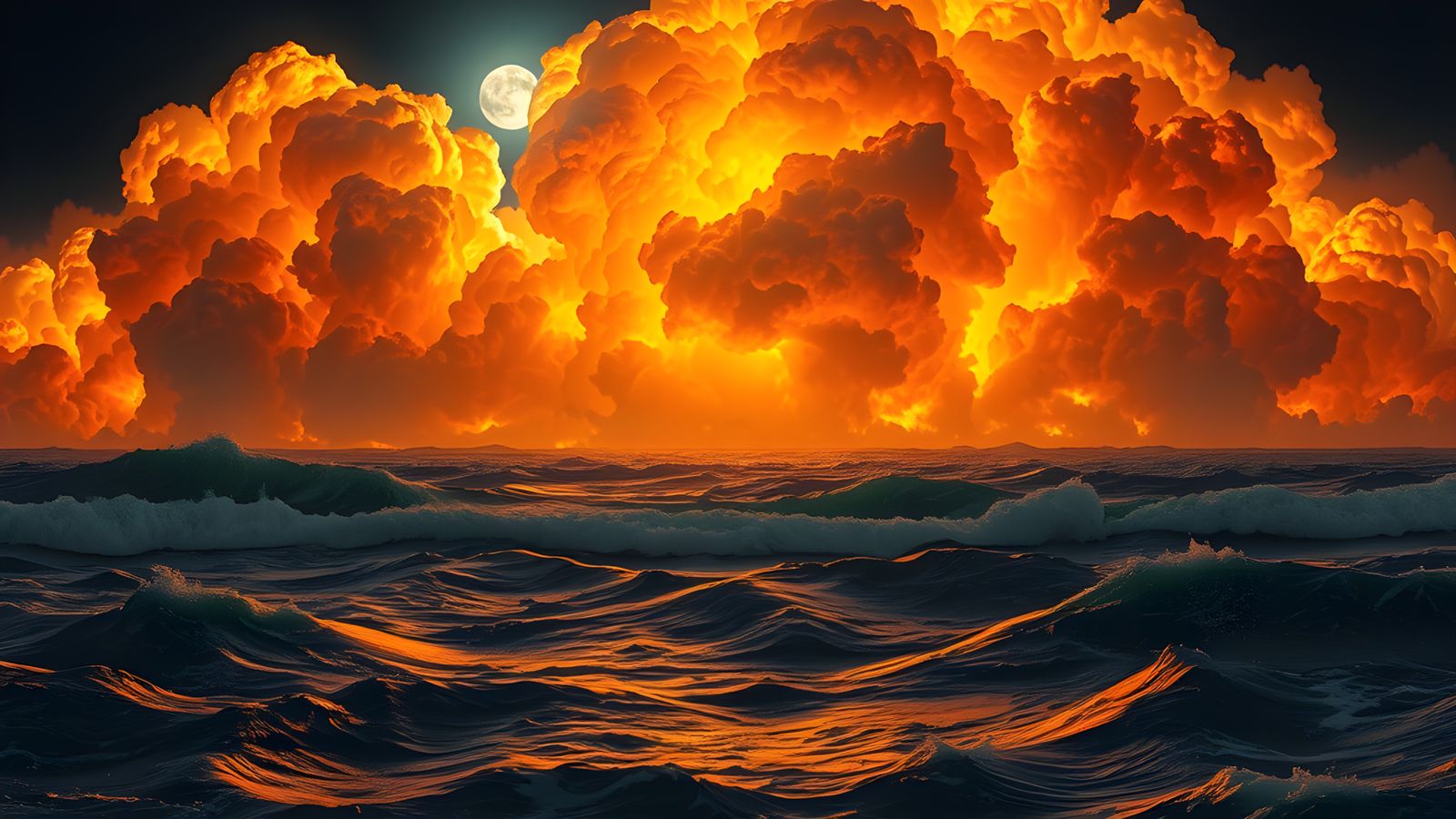 Inferno Storm Over Dark Sea: Dramatic Flame Painting
