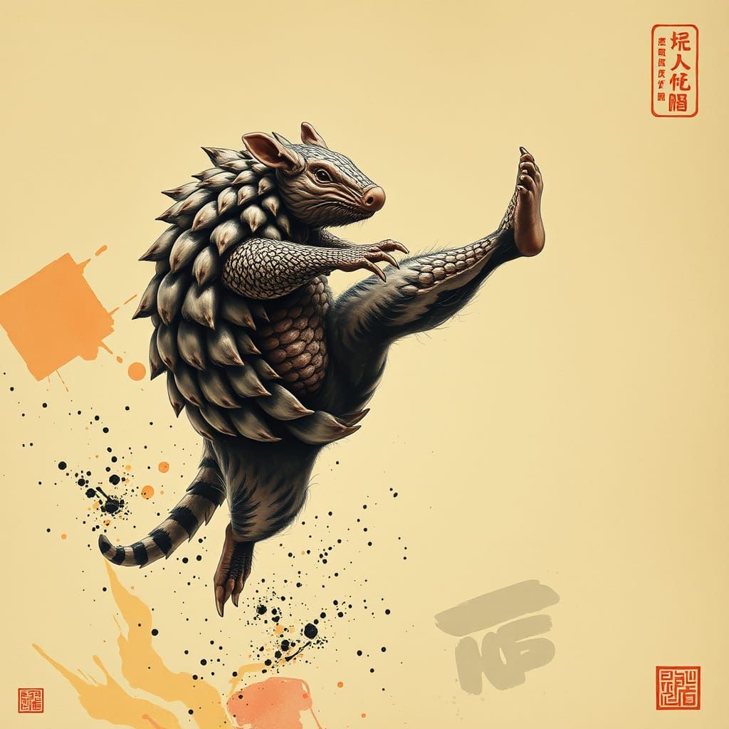 Armadillo Karate Master in Ink-Wash Painting