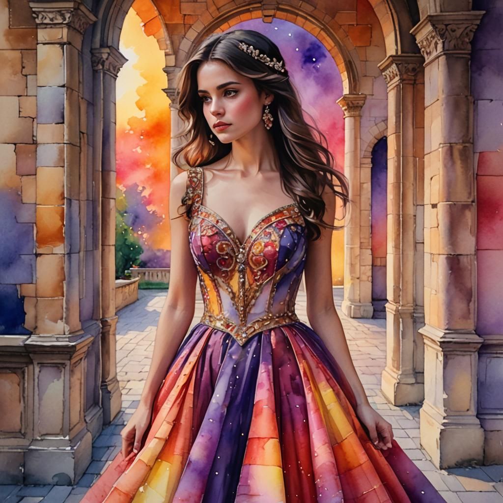 Sunset Princess Portrait in Watercolor Ombre Gown