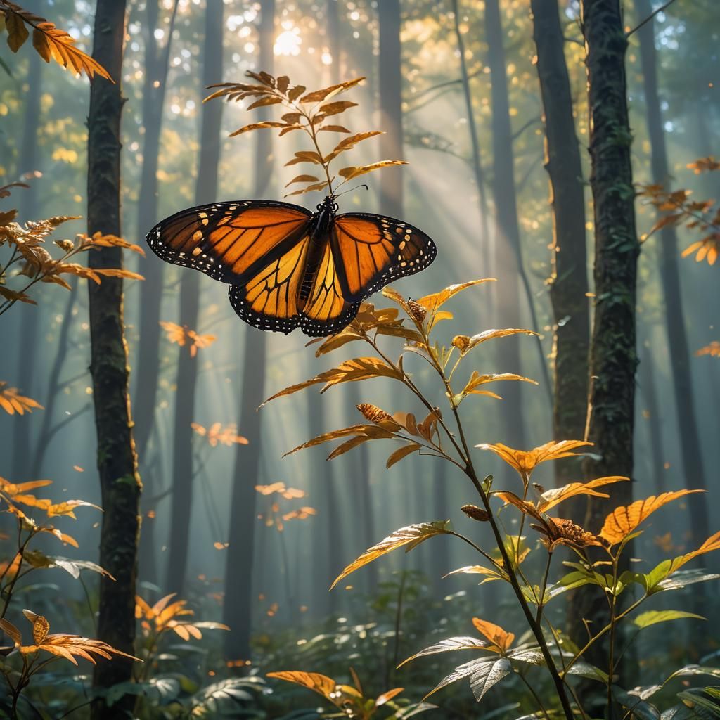 Monarch Butterfly in Misty Forest: Impressionist Style