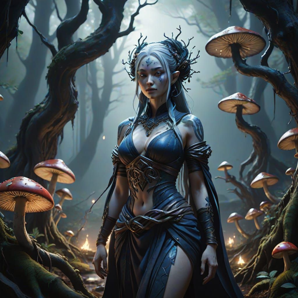 Ethereal Drow Priestess in Mystic Forest: A Photorealistic M...