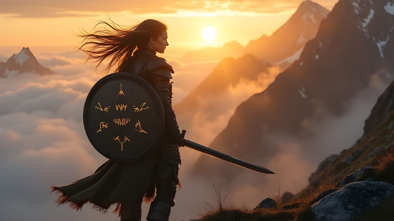Nordic Shieldmaiden with Valkyries and Runes at Sunrise