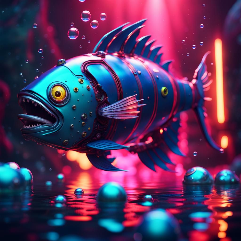 Armored Robot Fish with Lasers in Neon Bubbles