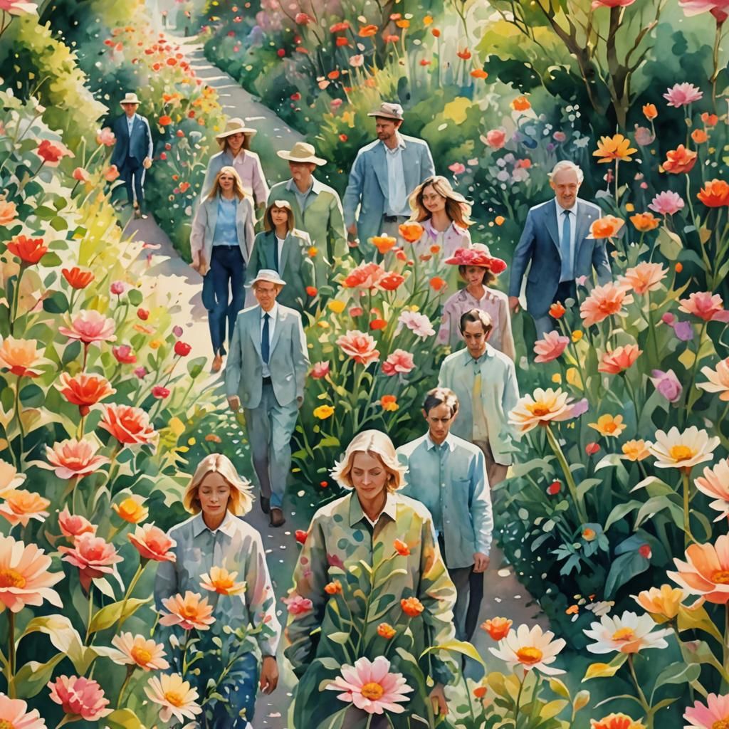 Floral People in Surreal Garden: Dreamlike Watercolor