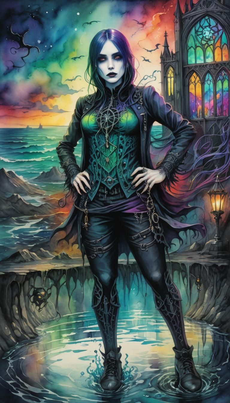 Ethereal Gothic Scene in Vibrant Watercolors