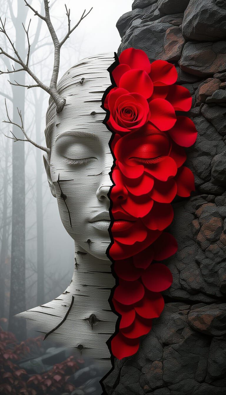 Surreal Face: Bark and Rose Seasonal Duality