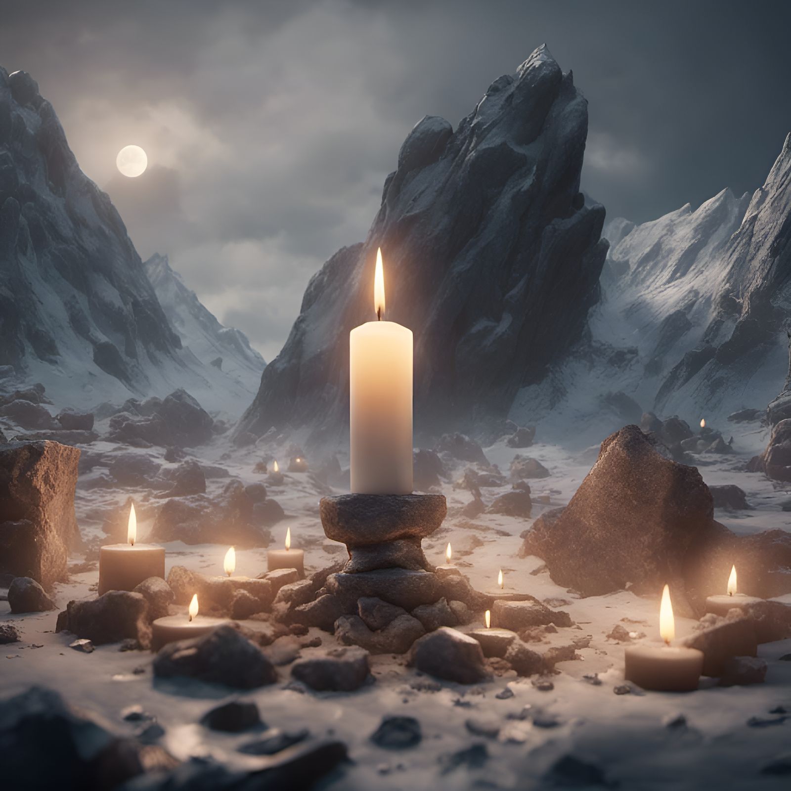 Memorial Candle Amidst Rock Avalanche: 3D Render