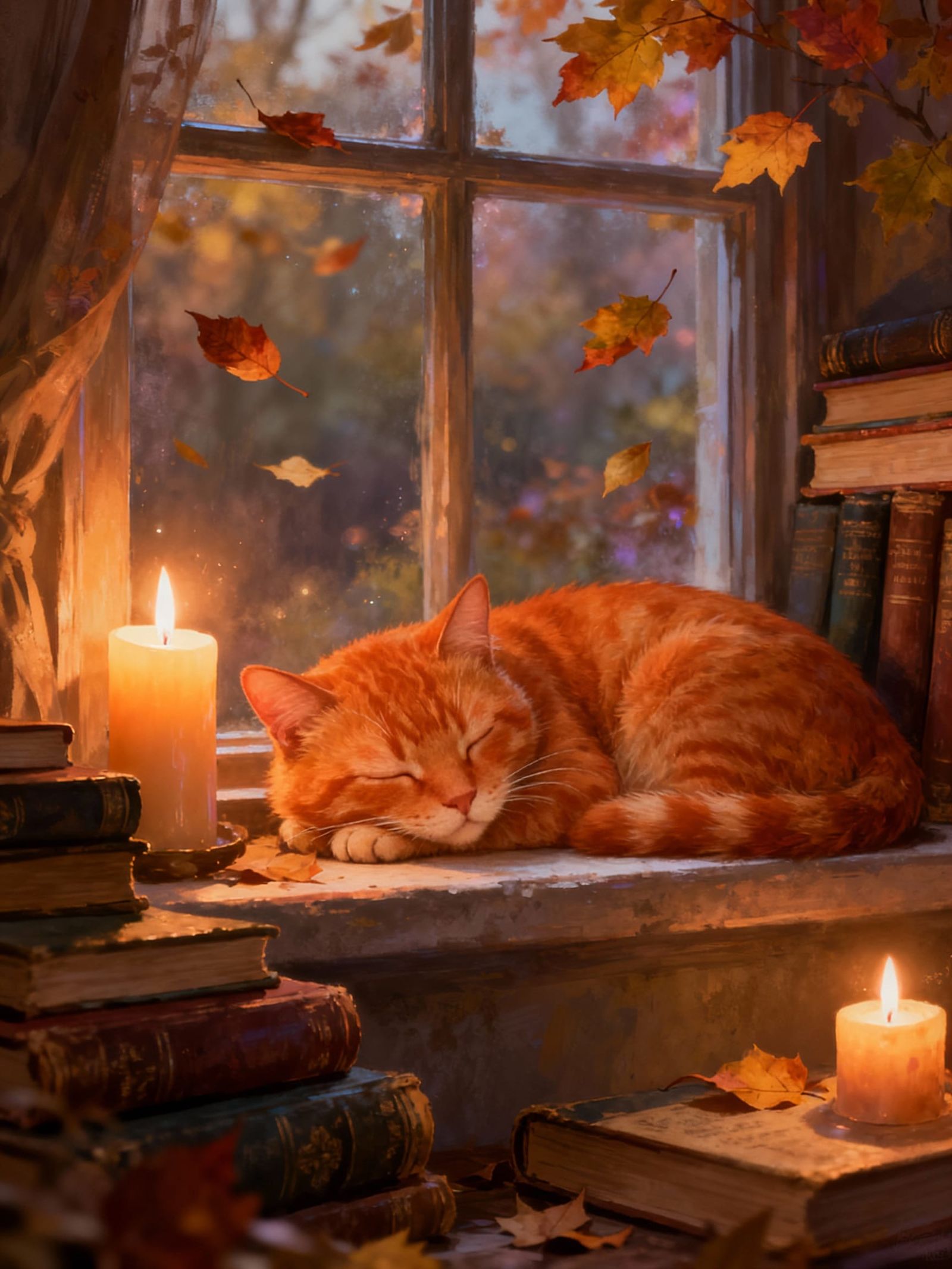 Cosy Autumn Scene With Sleeping Cat And Books