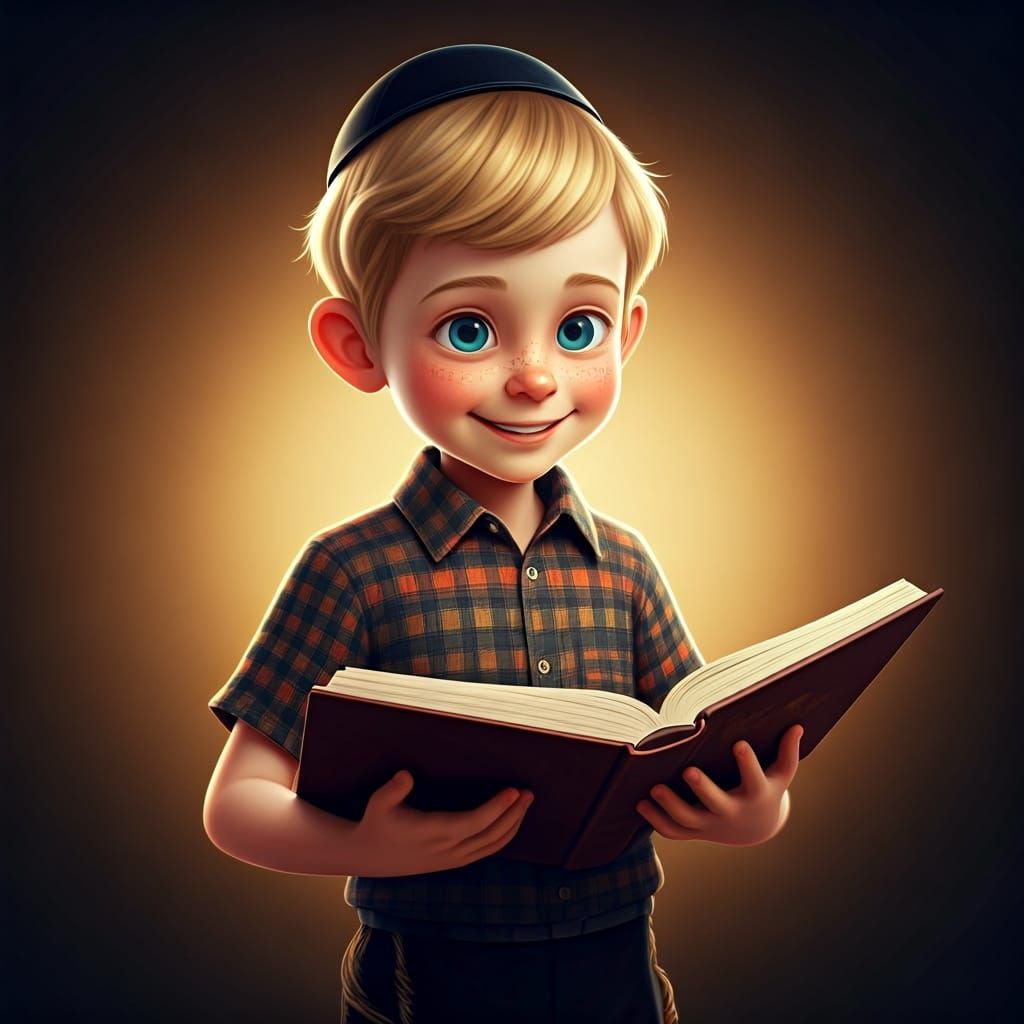 Hasidic Boy Studying in Pixar-Inspired 3D Art