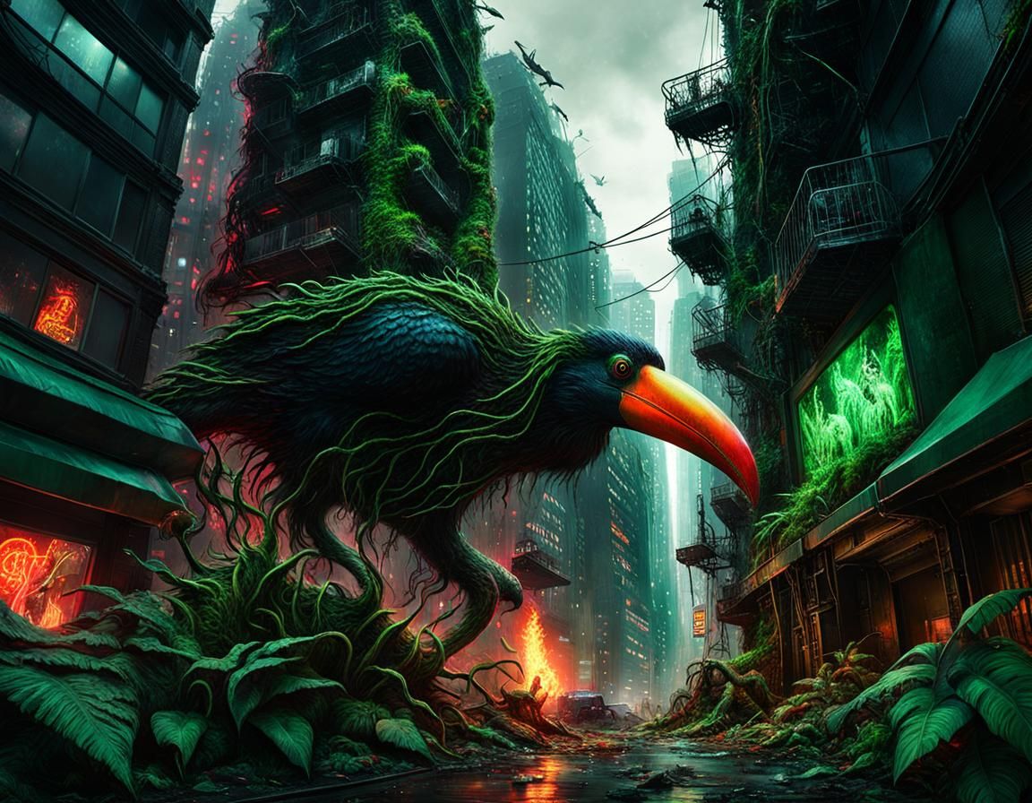 Macabre Cronenberg Monster in Ruined Neon City