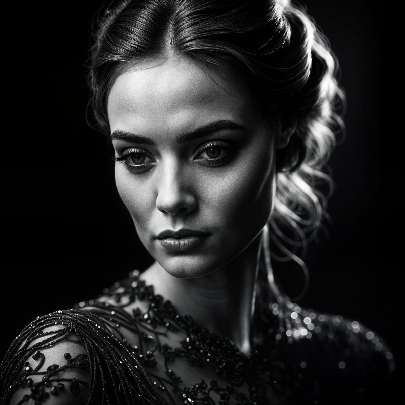 Photorealistic Portrait of a Woman in Black and White