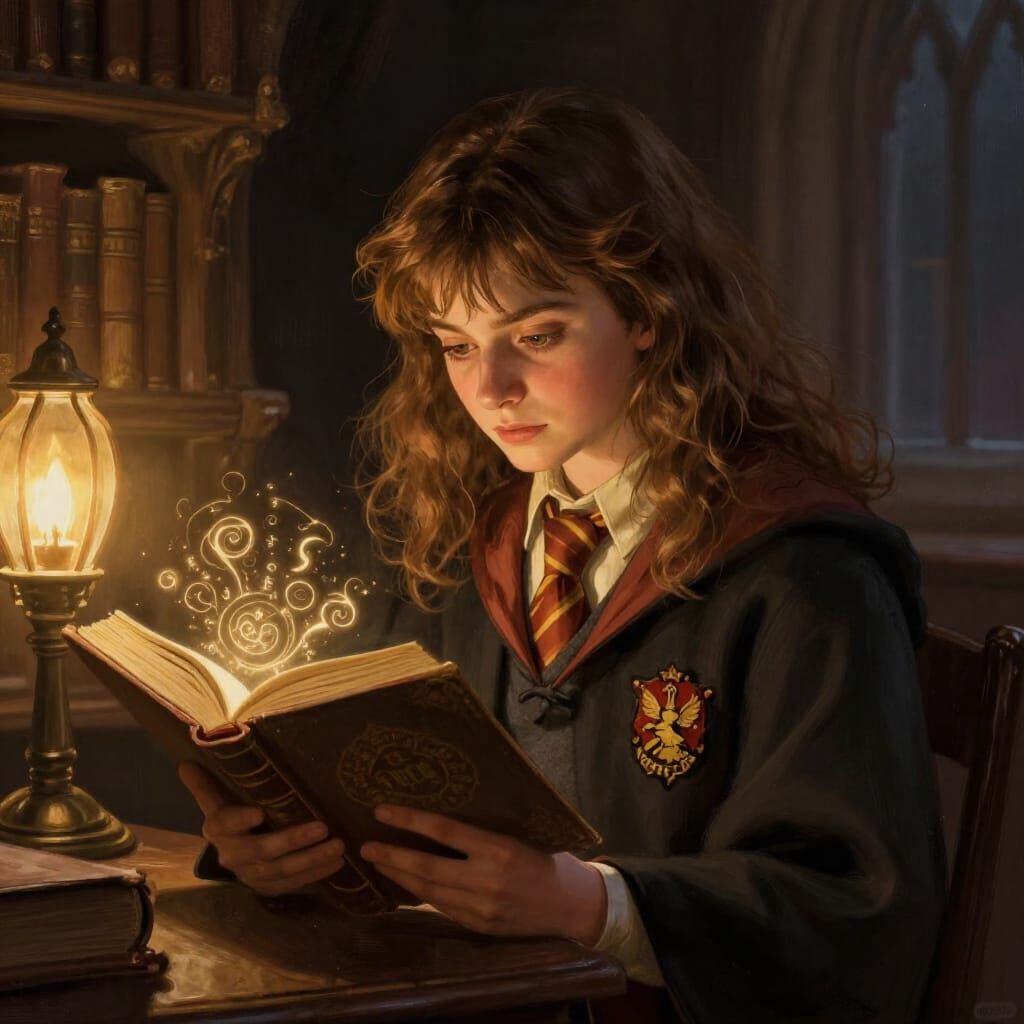 Young Witch Reads Spellbook in Magical Library