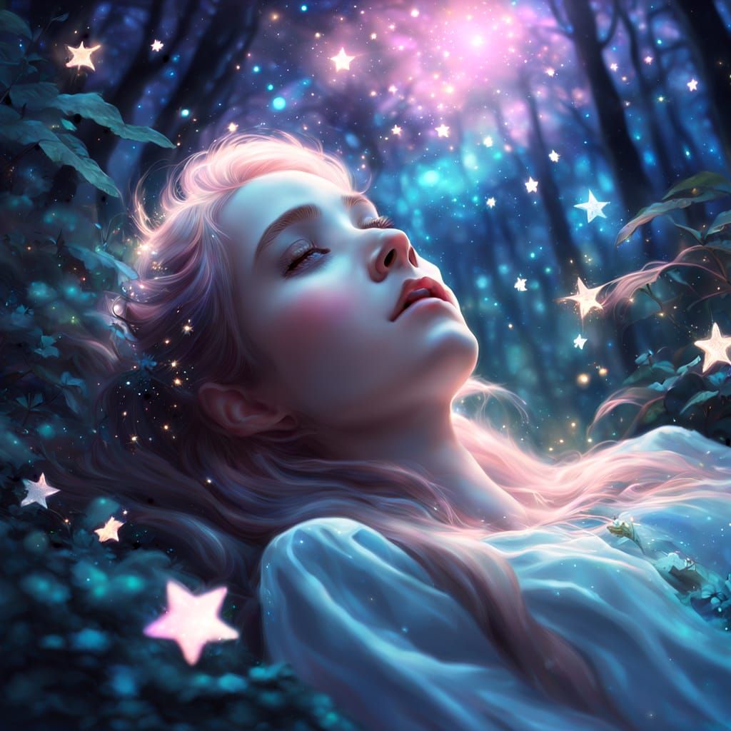 Dreamy Forest Stargazing in Whimsical Fantasy Art