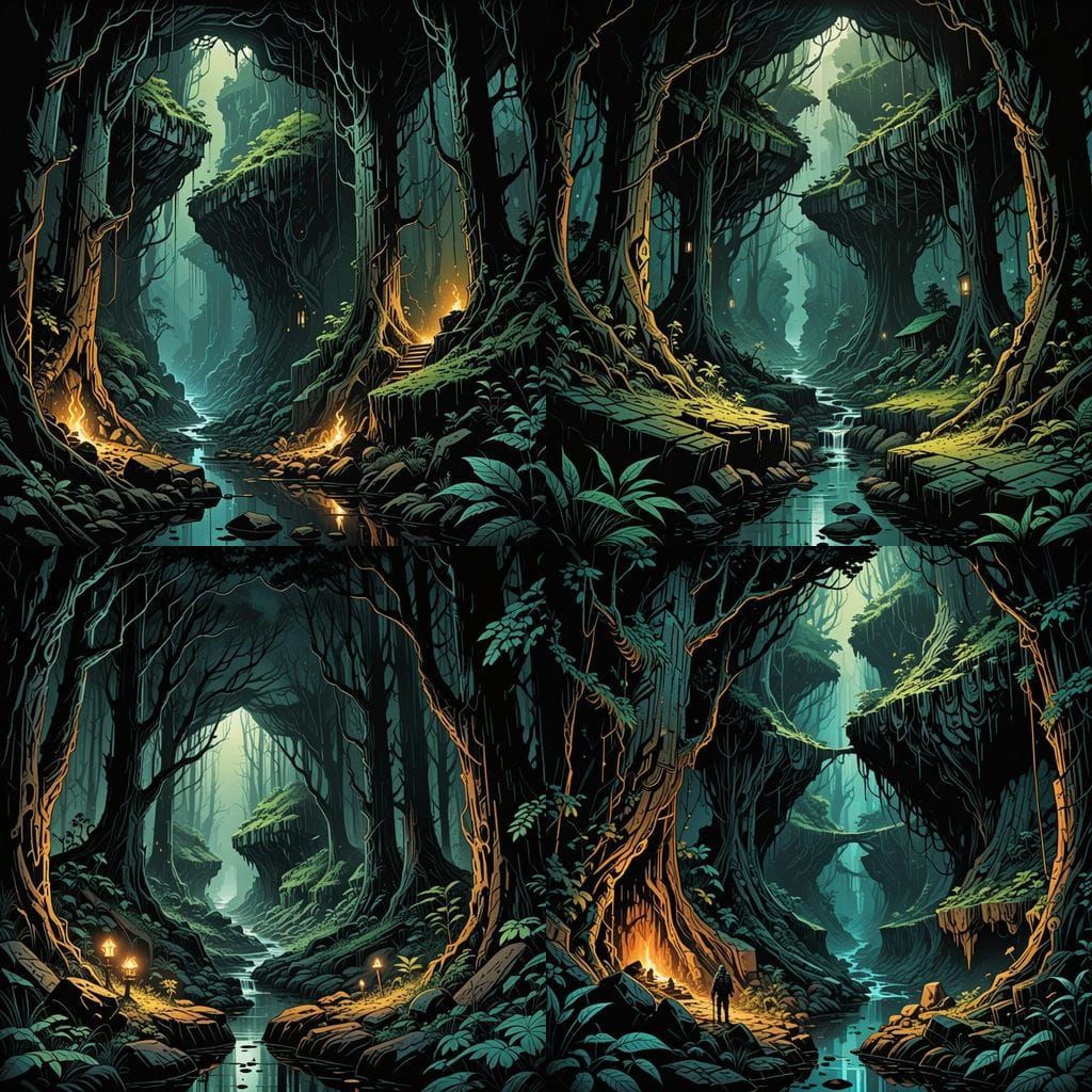 Dark Forest Cavern in Comic Book Art Style