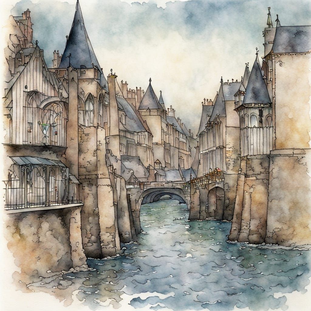 French Coastal City in Watercolour