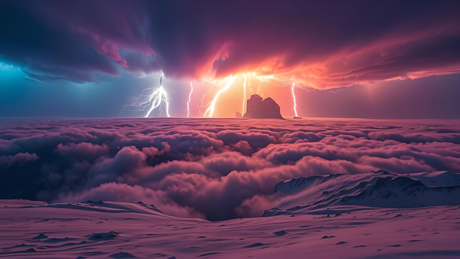 Neon Lightning Storm over Alien Snow Valley