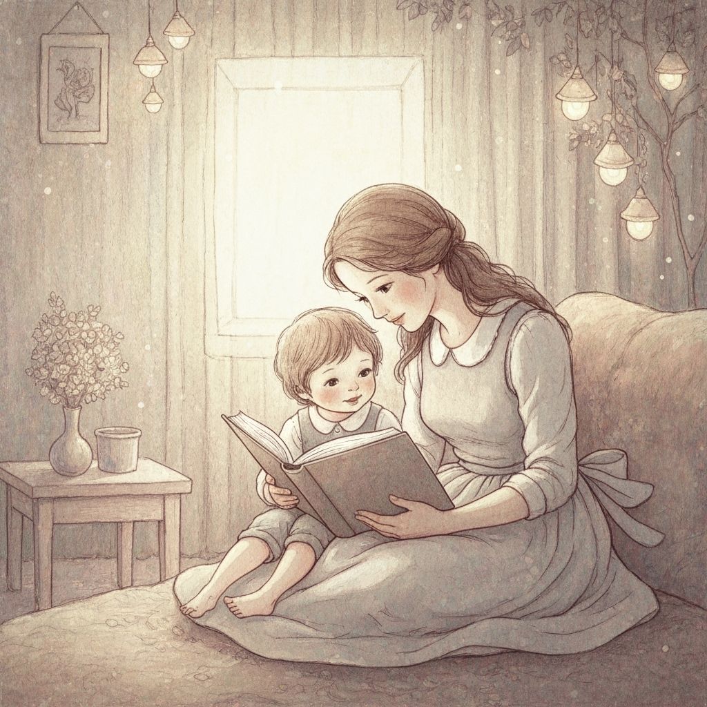 Mother Reads to Child in Dreamlike Pastel Scene