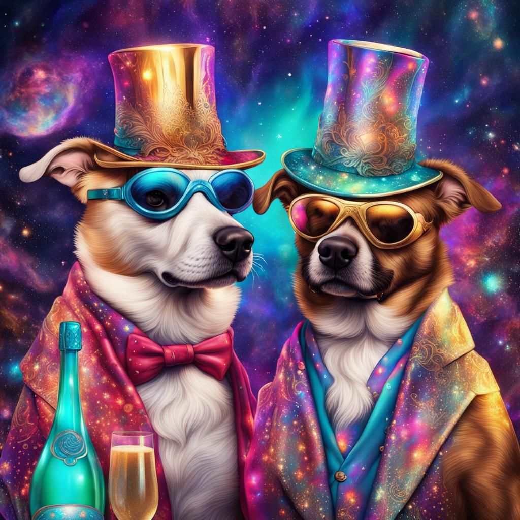 Cosmic Masquerade: Dogs Celebrate in Astral Illustration