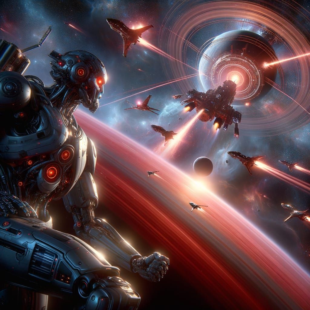 Epic Space Battle Above Red Ringed Planet