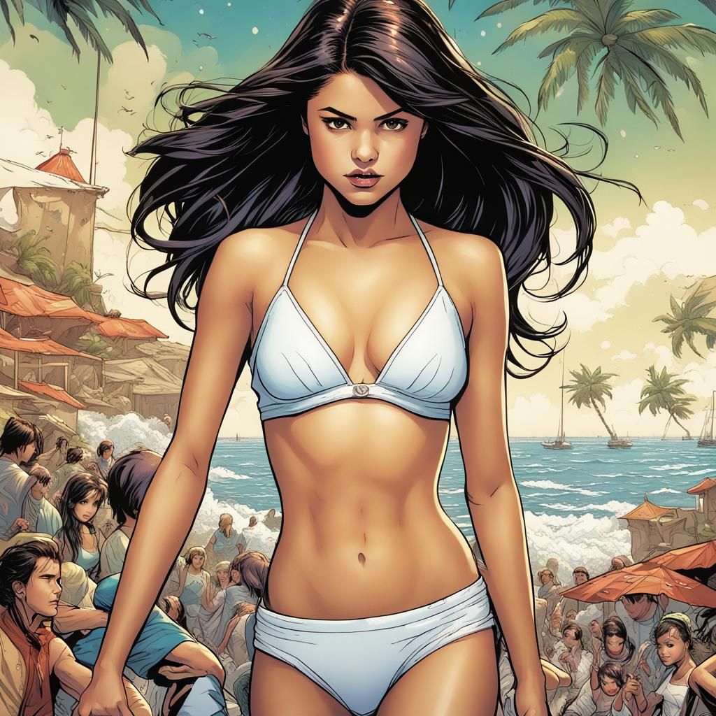 Selena Gomez in White Bikini, Comic Book Art