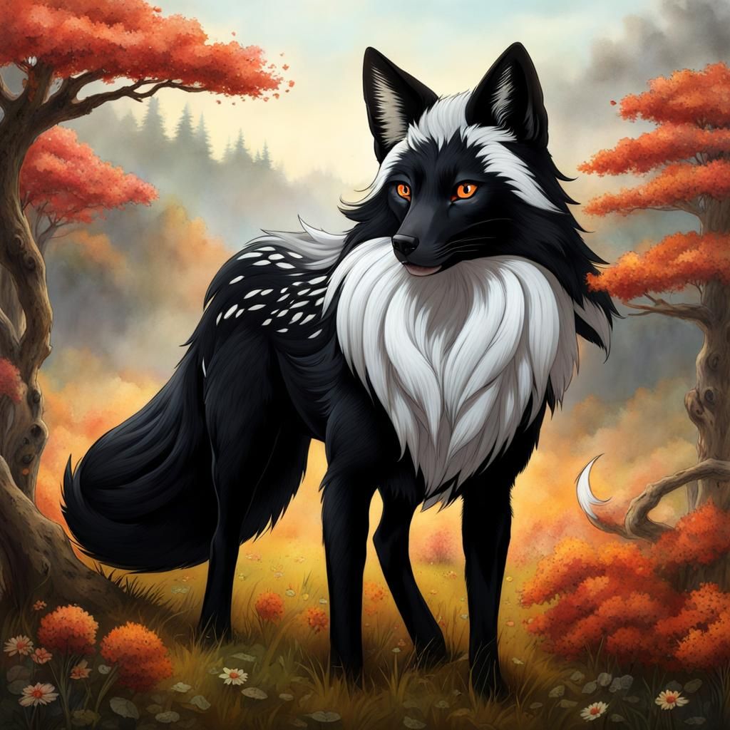 Black Nine-Tailed Fox with Vitiligo
