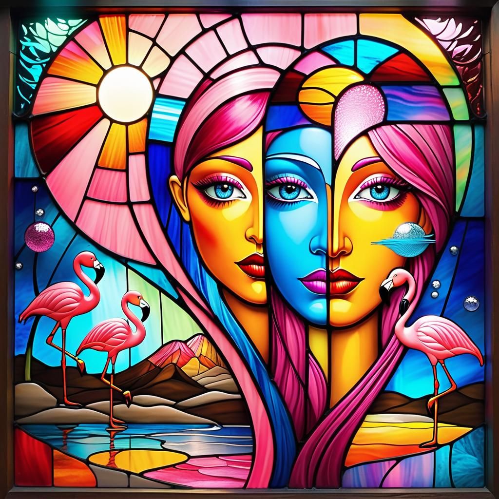 Flamingos in Stained Glass Surreal Mixed-Media Art
