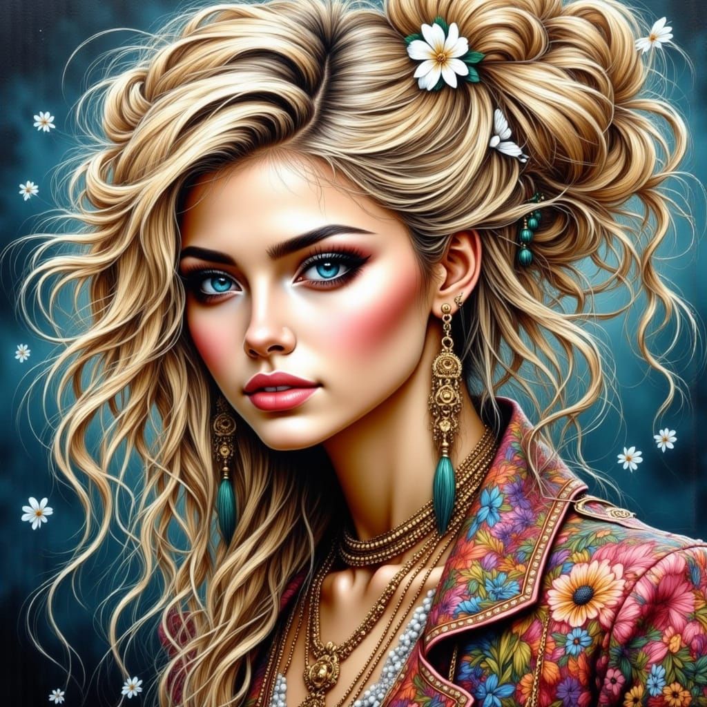 Blonde Woman Portrait with Tower Hairstyle