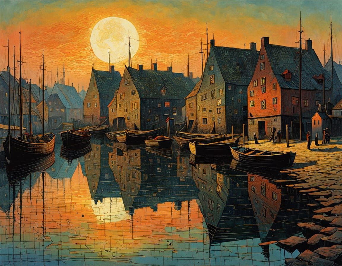 Surrealist Danish Fishing Harbor at Sunset