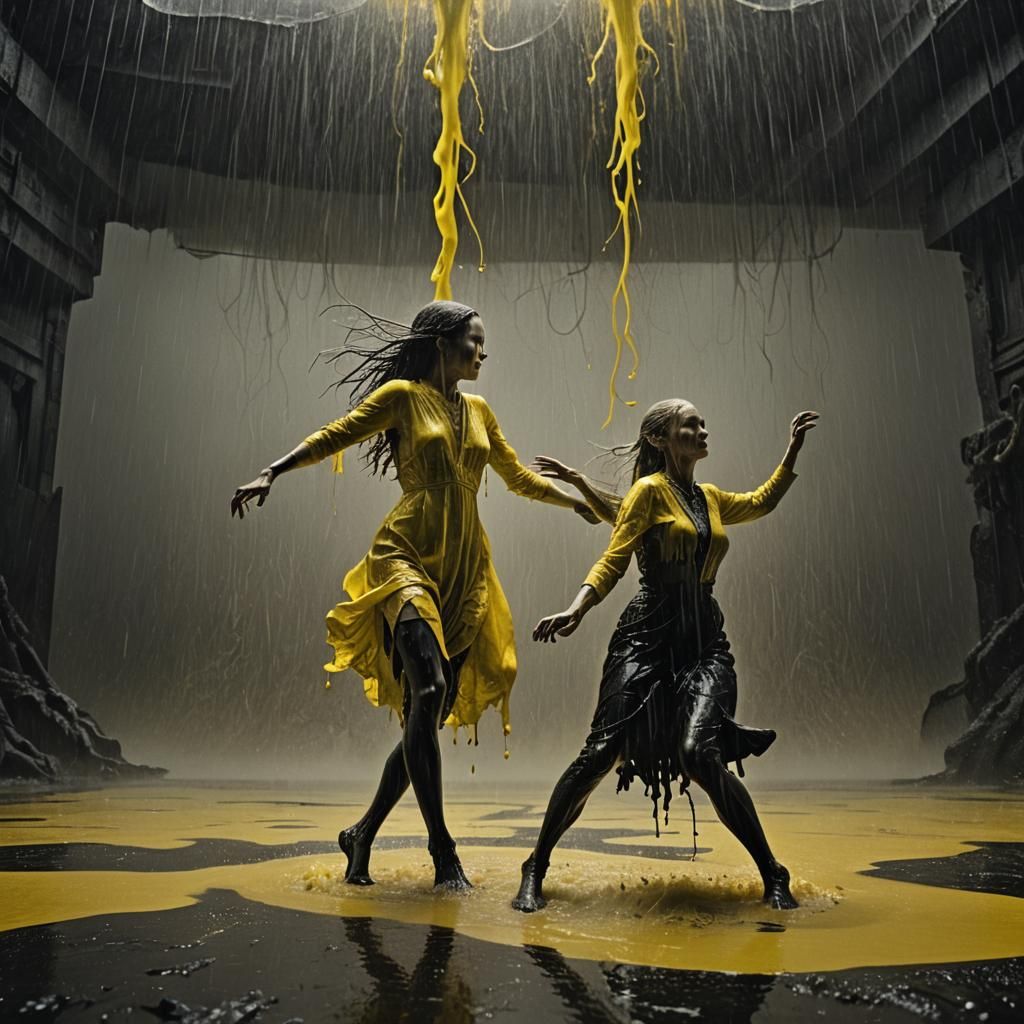 Women Dancing in Ominous Black and Yellow Rain