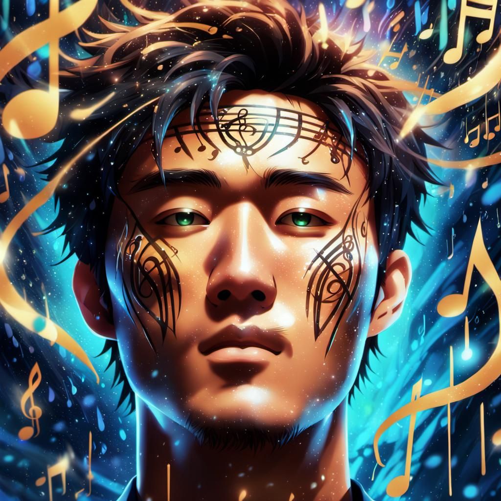 Anime Singer in Melodic Rain with Glowing Music Symbols