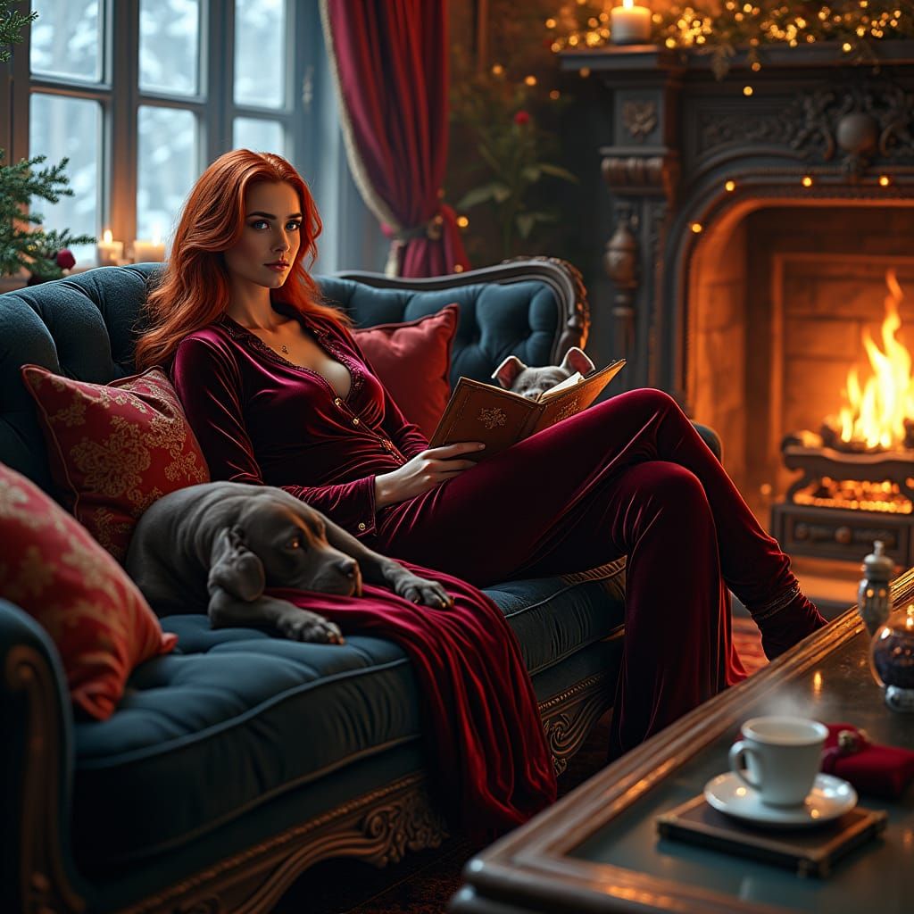 Hyperrealistic Portrait: Red-Haired Woman in Velvet Pajamas