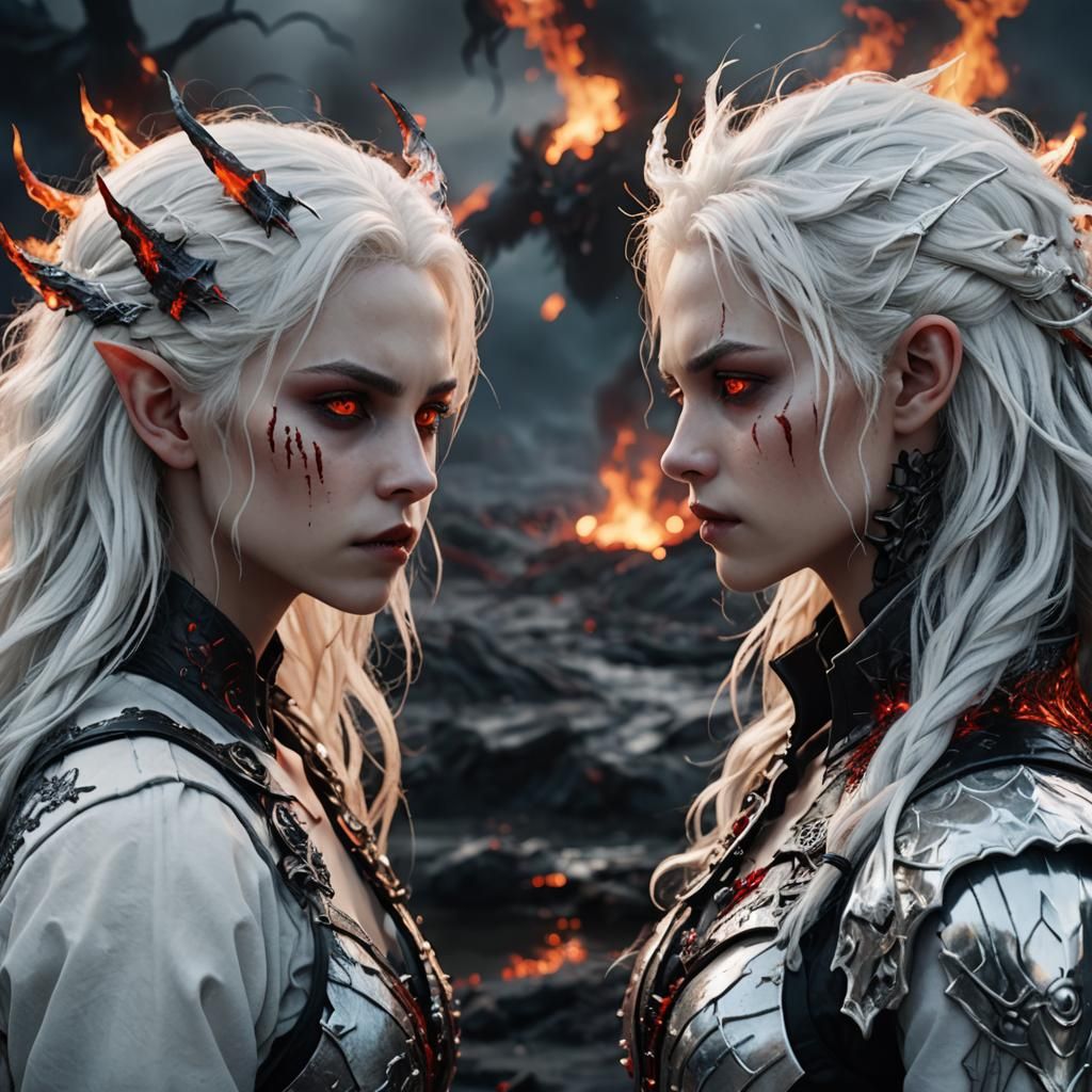 Two Vampire Sisters in a Burning Lake, Sci-Fi Art