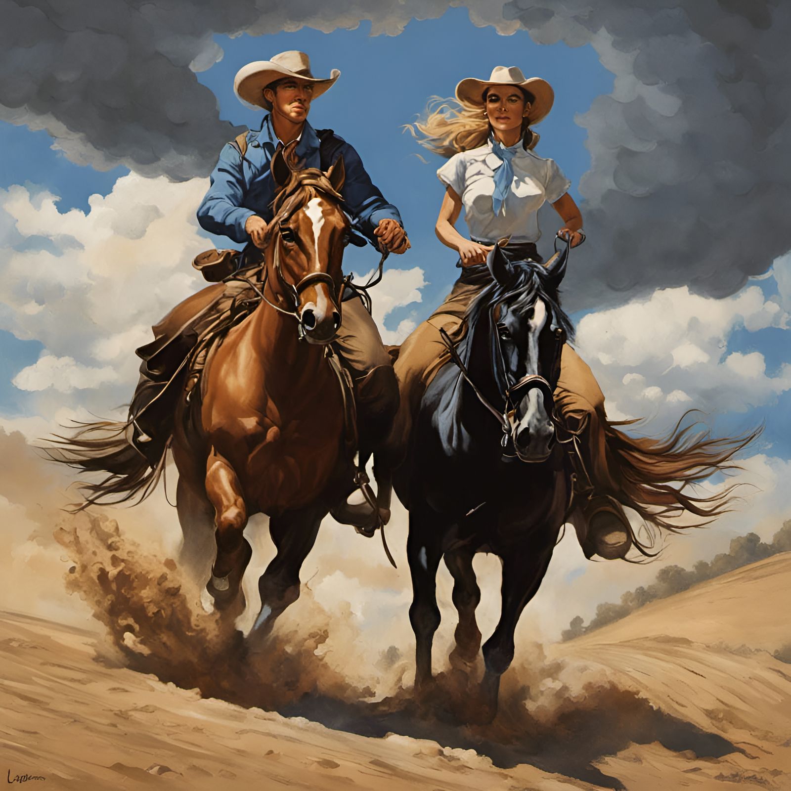 Cowboy and Cowgirl in the desert rough terrain