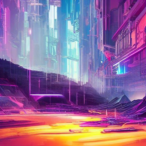 Mystical Cyberpunk Landscapes in Electric Blue Hues