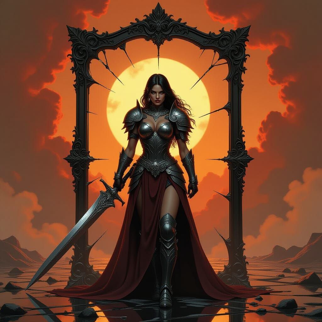 Valkyrie Warrior in Shattered Mirror, Dark Fantasy Art